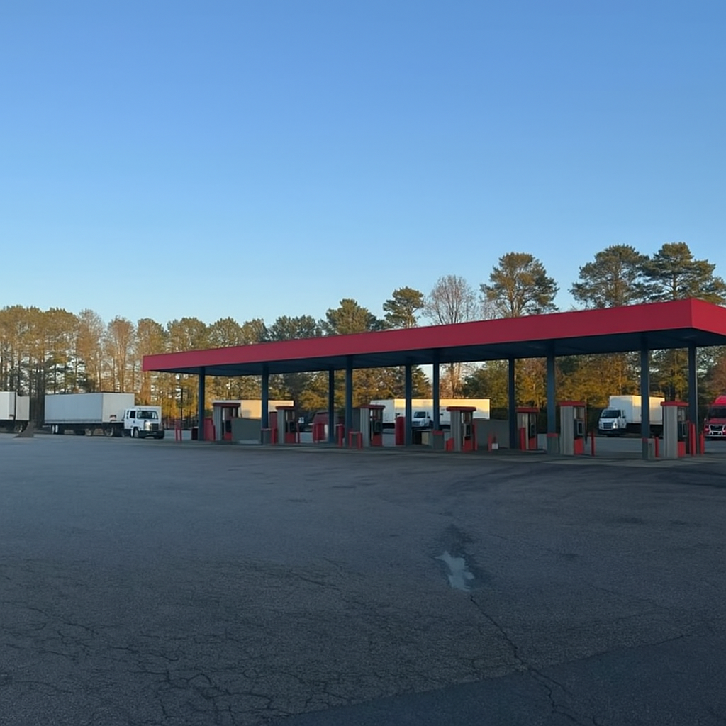 Truck stop canopy and fuel lanes at Petersburg Truck Stop